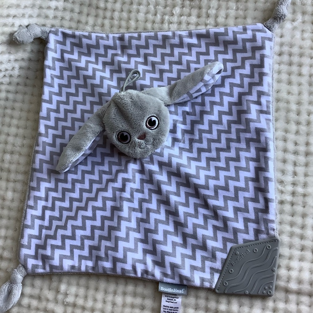 BooginHead Grey Chevron Bunny Rabbit Lovey Security Blanket Toy w Teether Corner
